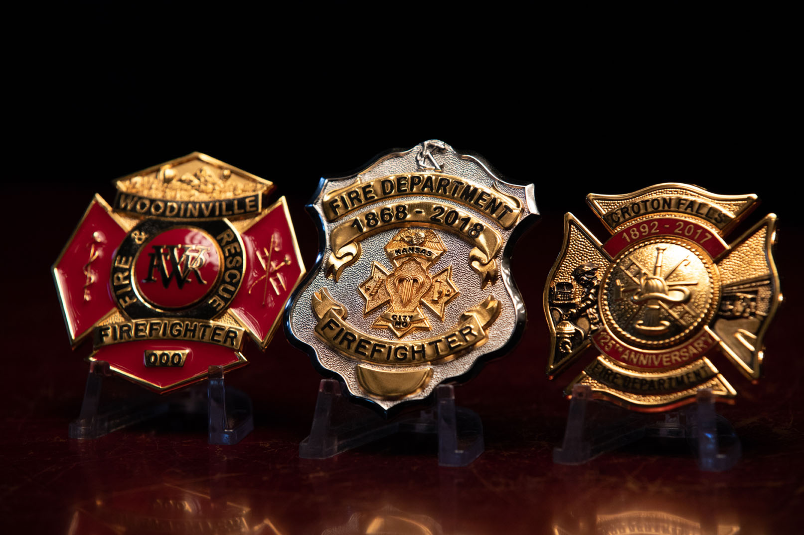 Firefighter badges on a table