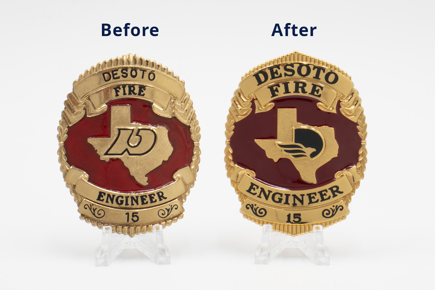 Desoto Fire Department badge side by side