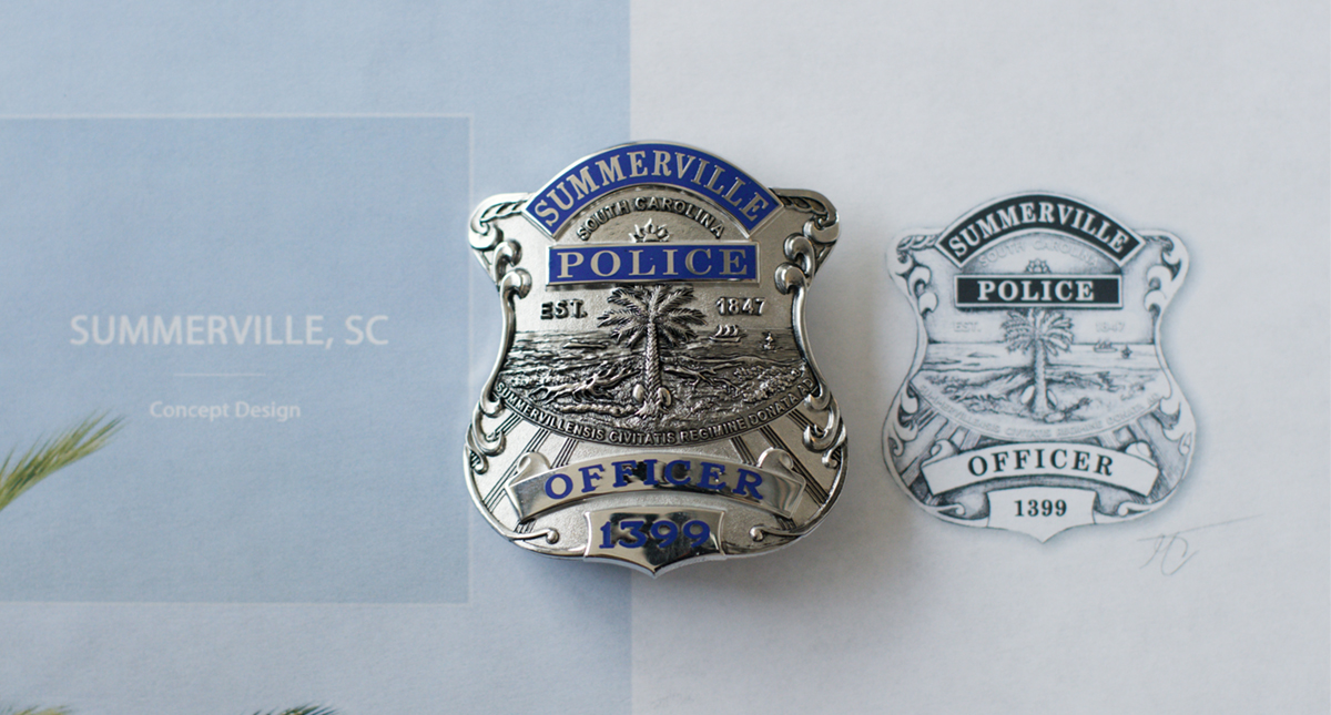 Custom metal police badge for Summerville South Carolina next to the concept drawing.