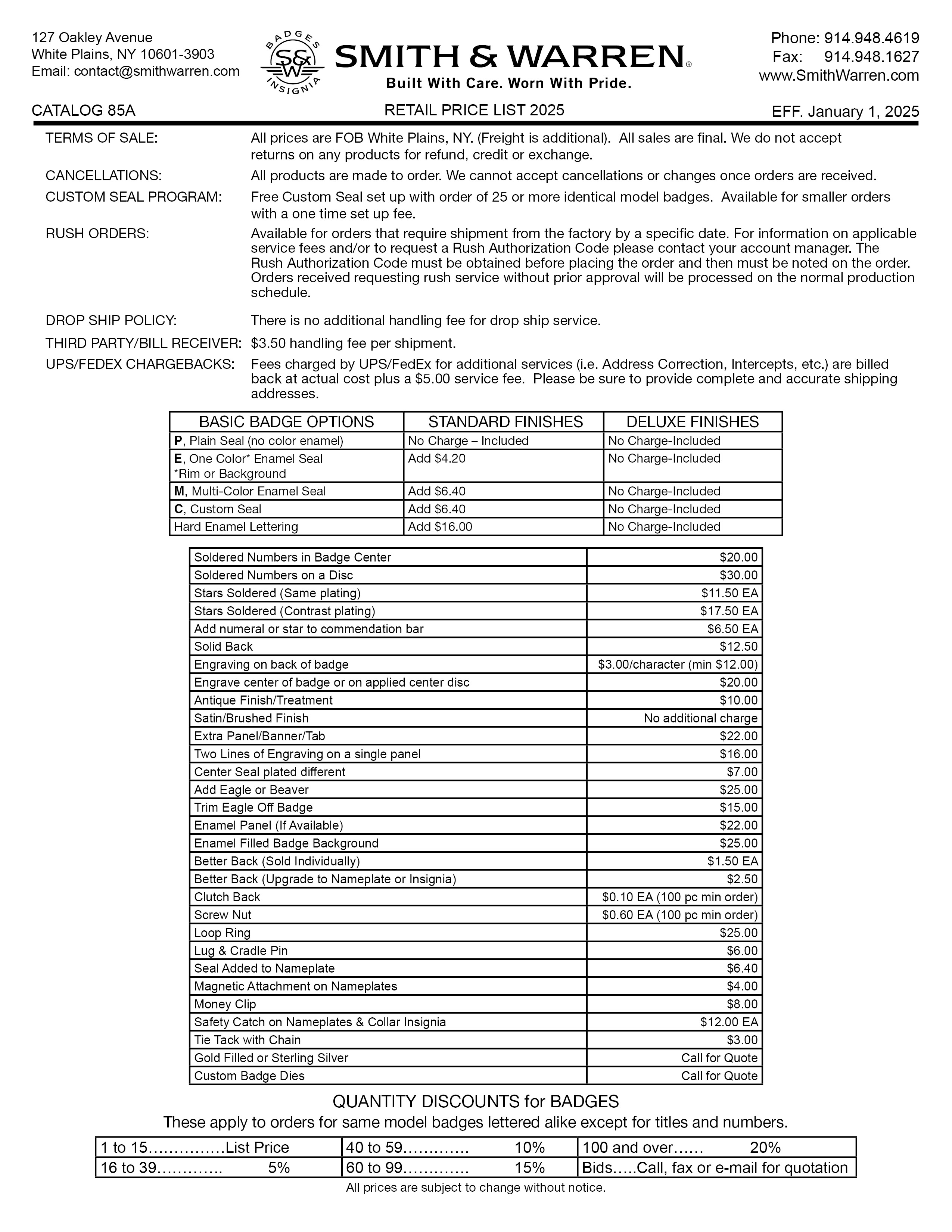 Smith & Warren 2025 Pricelist