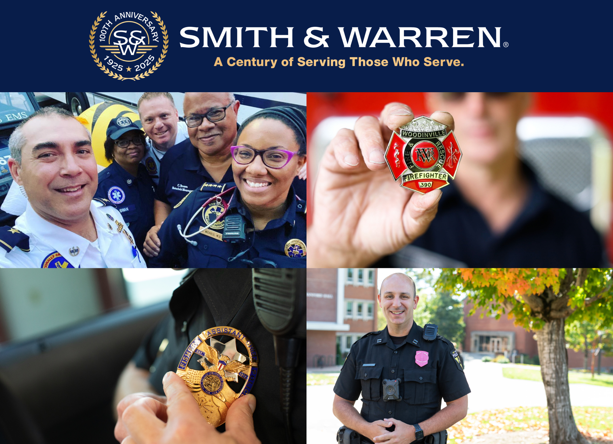 Four images of public safety professionals wearing smith and warren badges