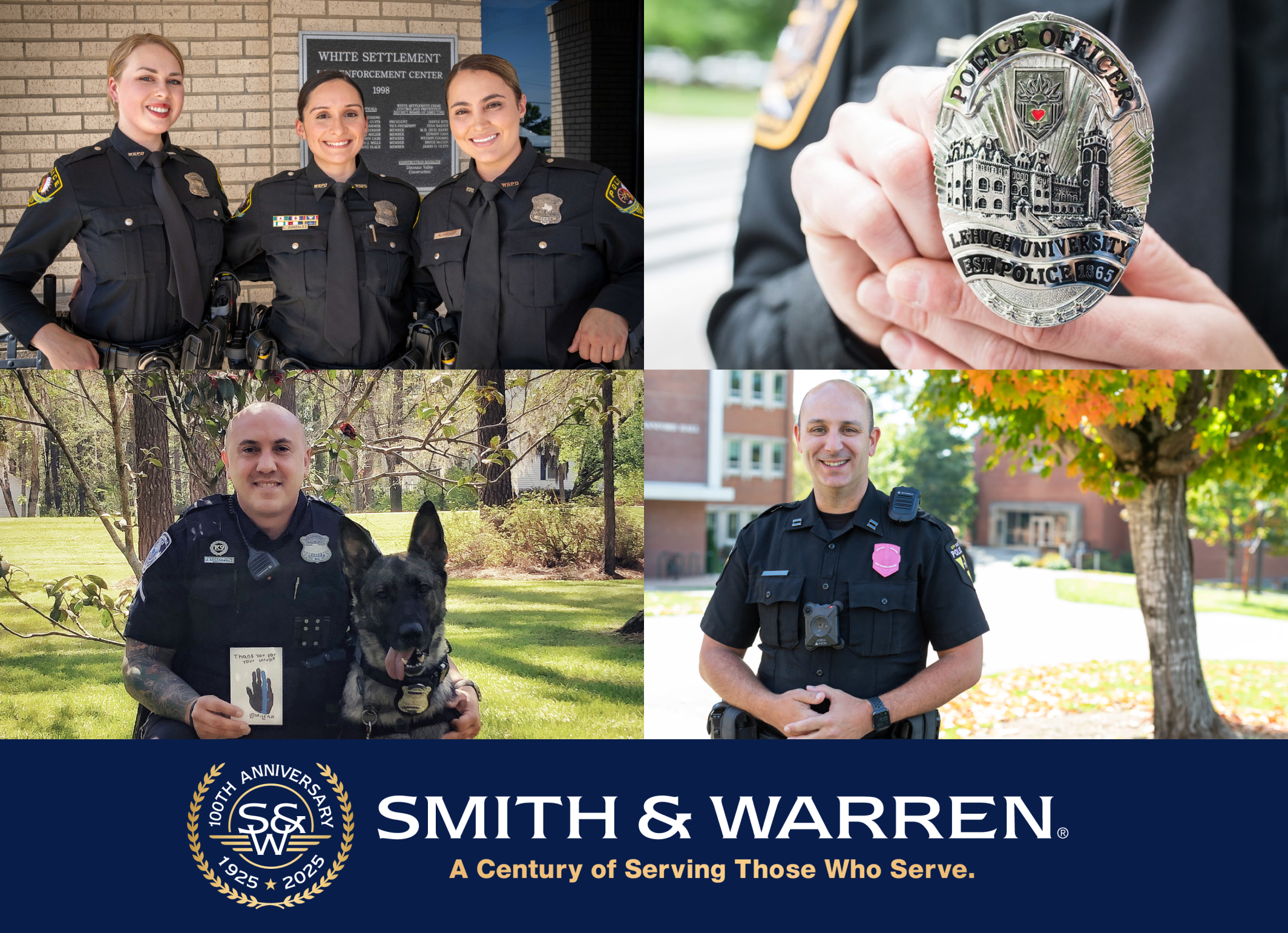 Police officers, firefighters, ems, public safety wearing smith and warren badges